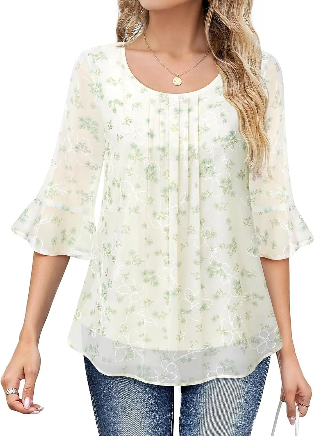 VALOLIA Womens 3/4 Sleeve Blouses Tops Dressy Casual Chiffon Pleated Embroidery Layered Shirts