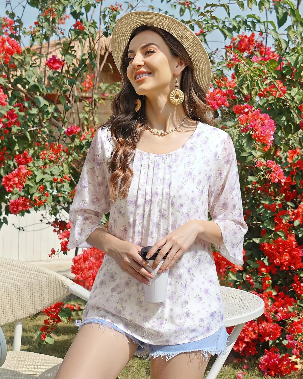 VALOLIA Womens 3/4 Sleeve Blouses Tops Dressy Casual Chiffon Pleated Embroidery Layered Shirts
