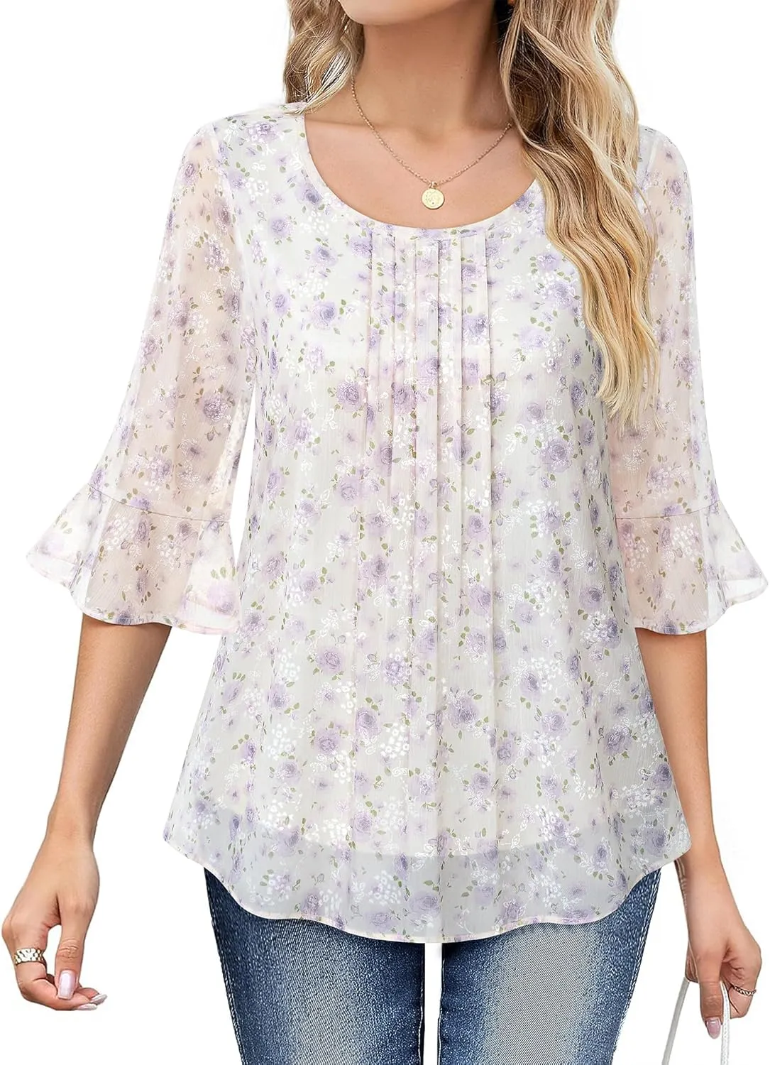 VALOLIA Womens 3/4 Sleeve Blouses Tops Dressy Casual Chiffon Pleated Embroidery Layered Shirts
