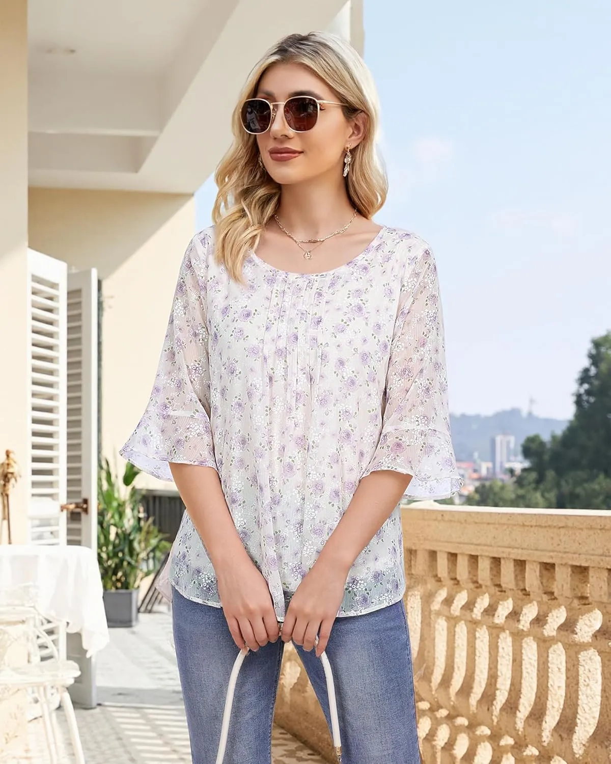 VALOLIA Womens 3/4 Sleeve Blouses Tops Dressy Casual Chiffon Pleated Embroidery Layered Shirts