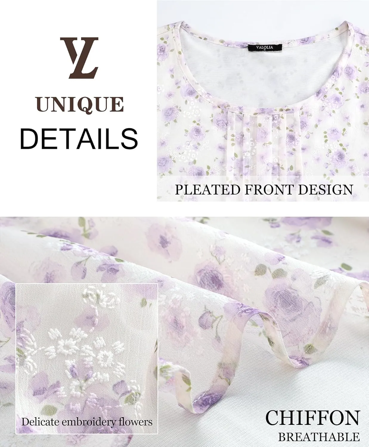 VALOLIA Womens 3/4 Sleeve Blouses Tops Dressy Casual Chiffon Pleated Embroidery Layered Shirts