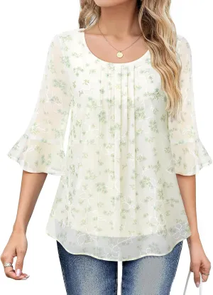 VALOLIA Womens 3/4 Sleeve Blouses Tops Dressy Casual Chiffon Pleated Embroidery Layered Shirts