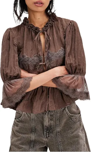 Women Flowy Tie Front Tops Boho Beach Sheer Lace Ruffle Shirts Fashion Short Sleeve Embroidered Eyelet Blouses 2025