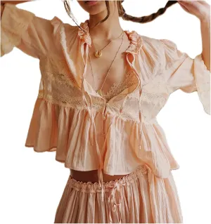 Women Flowy Tie Front Tops Boho Beach Sheer Lace Ruffle Shirts Fashion Short Sleeve Embroidered Eyelet Blouses 2025