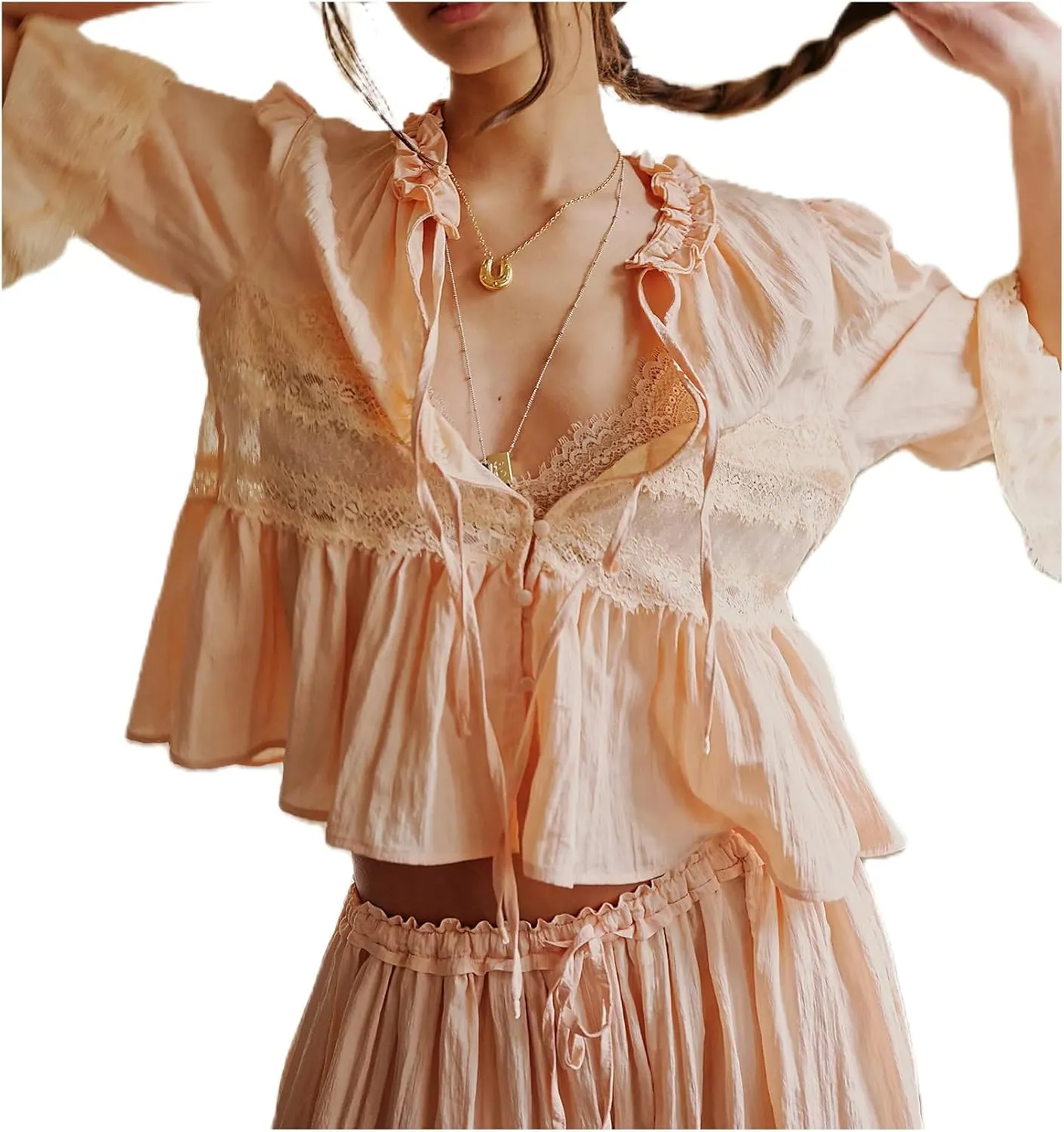 Women Flowy Tie Front Tops Boho Beach Sheer Lace Ruffle Shirts Fashion Short Sleeve Embroidered Eyelet Blouses 2025