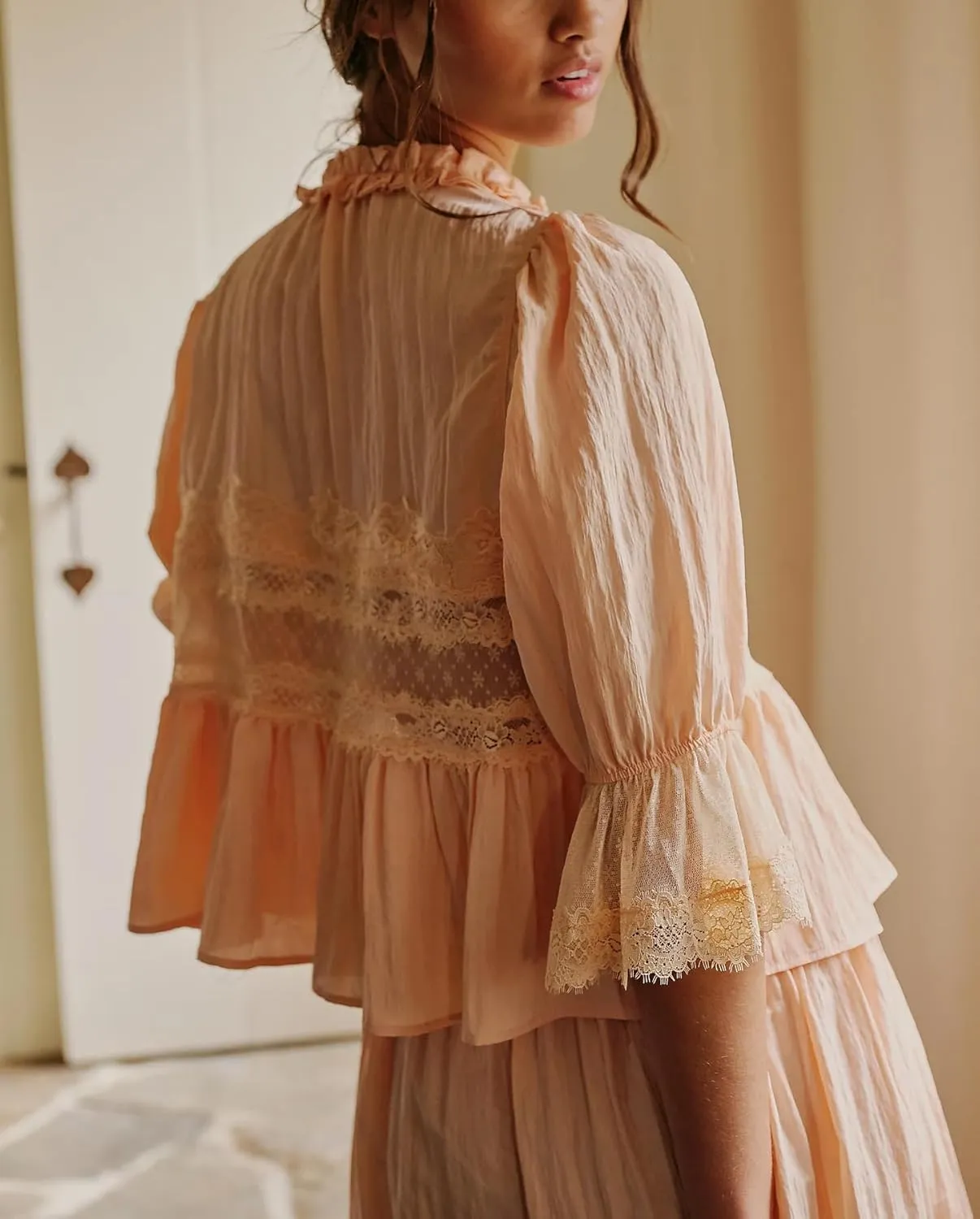 Women Flowy Tie Front Tops Boho Beach Sheer Lace Ruffle Shirts Fashion Short Sleeve Embroidered Eyelet Blouses 2025