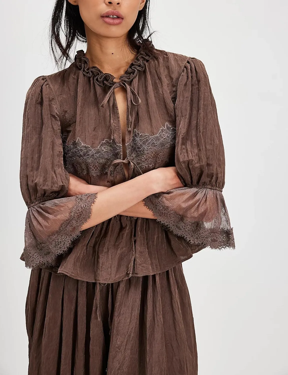Women Flowy Tie Front Tops Boho Beach Sheer Lace Ruffle Shirts Fashion Short Sleeve Embroidered Eyelet Blouses 2025