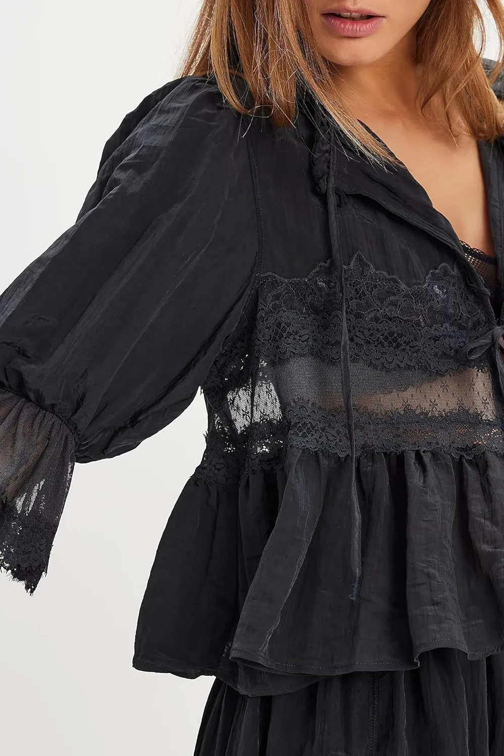 Women Flowy Tie Front Tops Boho Beach Sheer Lace Ruffle Shirts Fashion Short Sleeve Embroidered Eyelet Blouses 2025