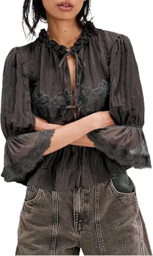 Women Flowy Tie Front Tops Boho Beach Sheer Lace Ruffle Shirts Fashion Short Sleeve Embroidered Eyelet Blouses 2025