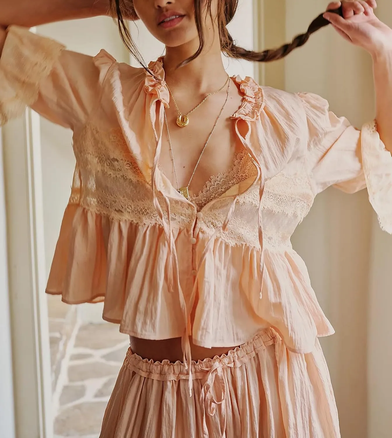 Women Flowy Tie Front Tops Boho Beach Sheer Lace Ruffle Shirts Fashion Short Sleeve Embroidered Eyelet Blouses 2025