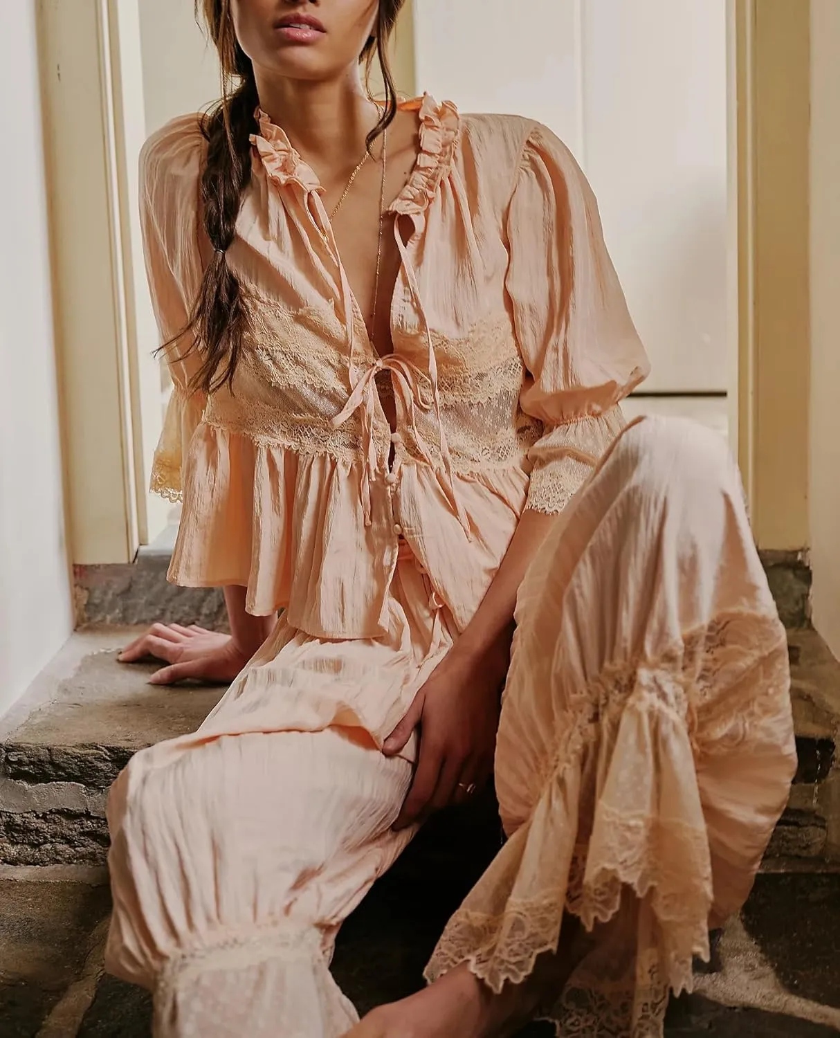 Women Flowy Tie Front Tops Boho Beach Sheer Lace Ruffle Shirts Fashion Short Sleeve Embroidered Eyelet Blouses 2025
