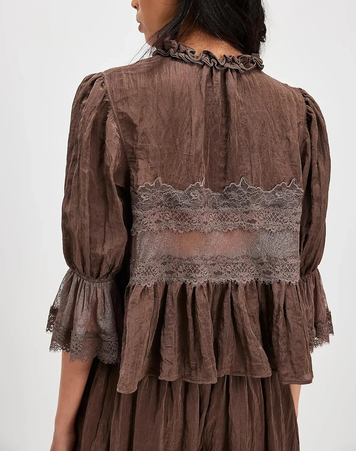 Women Flowy Tie Front Tops Boho Beach Sheer Lace Ruffle Shirts Fashion Short Sleeve Embroidered Eyelet Blouses 2025