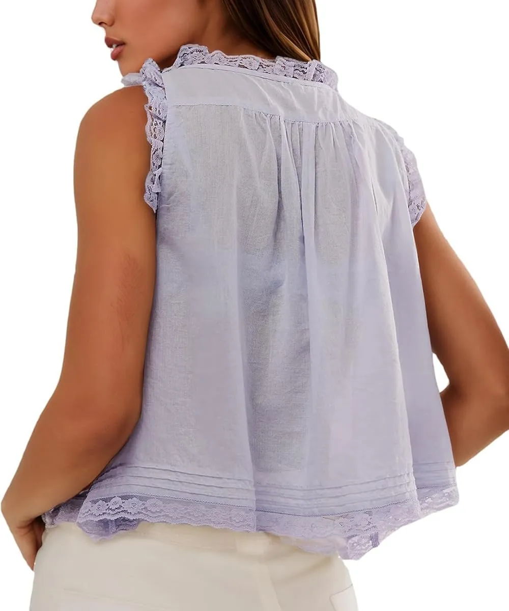 Women Sleeveless Lace Trim Tank Tops Beach Vacation Essentials Button Down Front Tie Mesh Chiffon Crop Tops