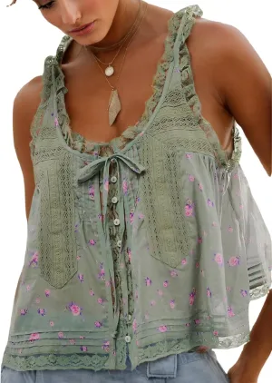 Women Sleeveless Lace Trim Tank Tops Beach Vacation Essentials Button Down Front Tie Mesh Chiffon Crop Tops