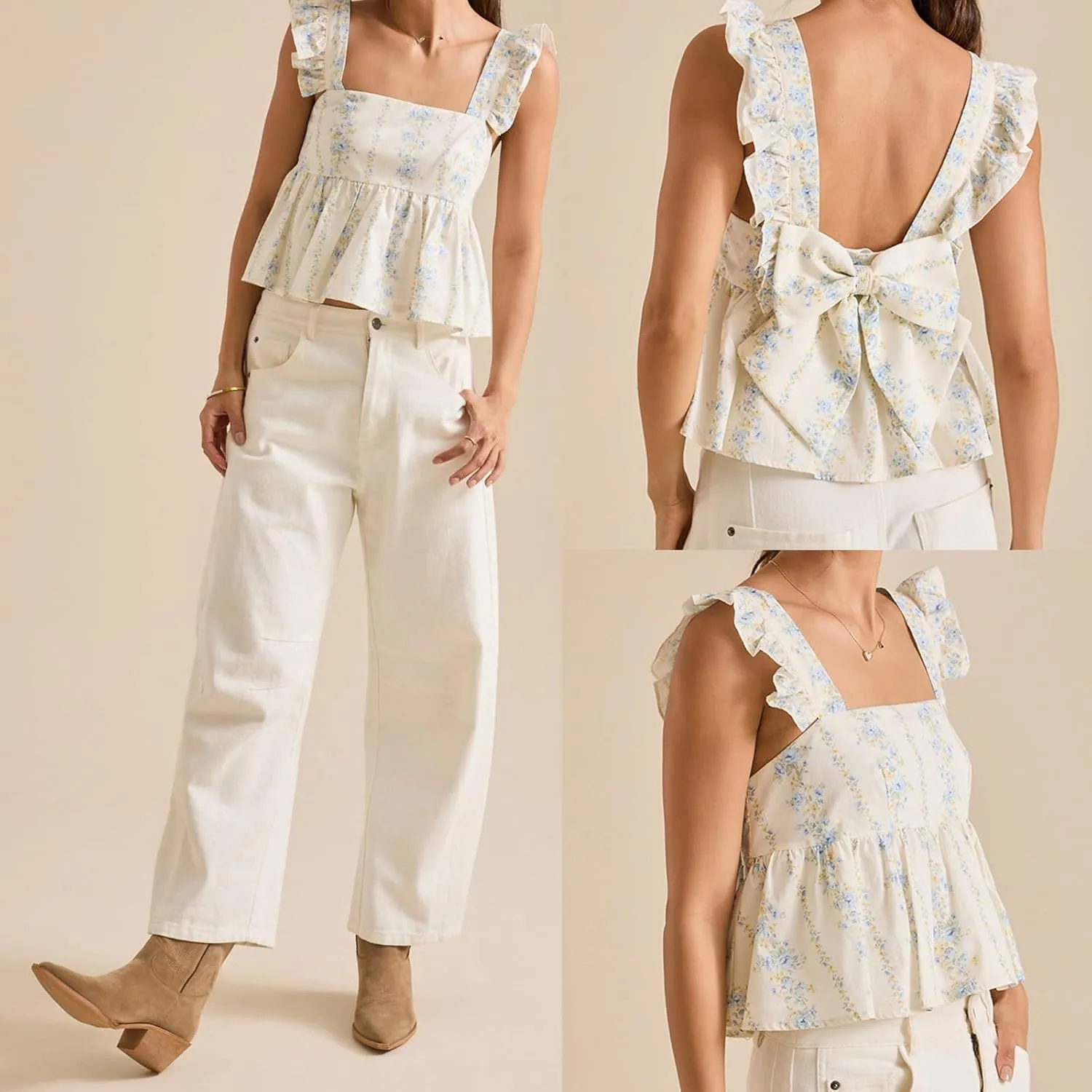 Women Y2k Going Out Tank Tops Gingham Square Neck Peplum Cami Tank Sleeveless Backless Shirt Bowtie Blouse Summer