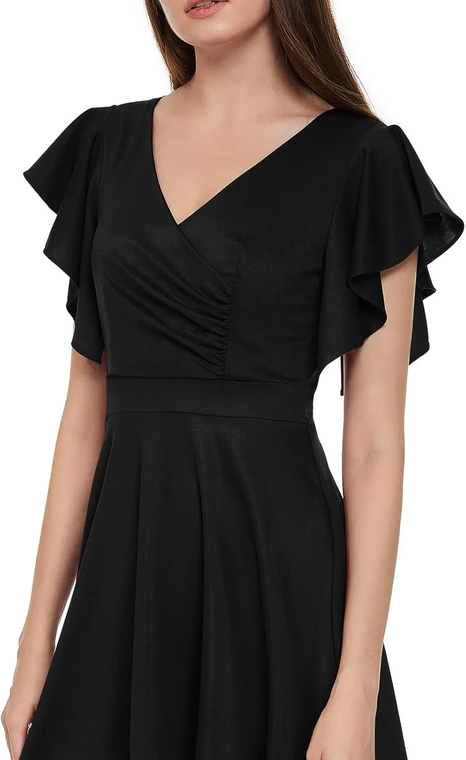 Women's Cocktail Dress Wrap V Neck Ruffle Short Sleeve A Line Work Formal Wedding Guest Midi Dress with Pockets