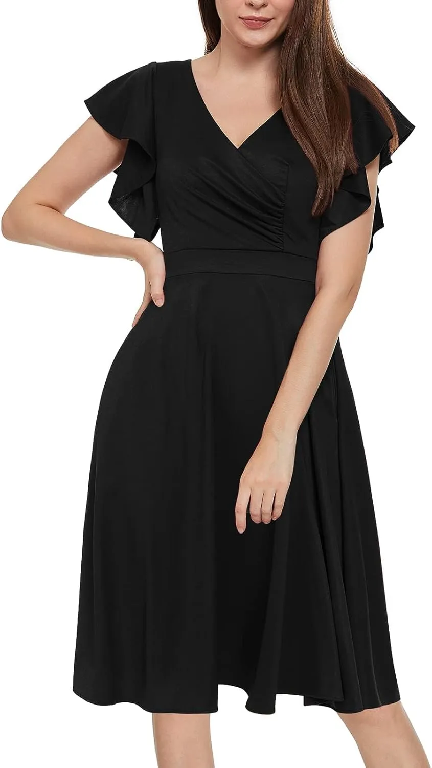 Women's Cocktail Dress Wrap V Neck Ruffle Short Sleeve A Line Work Formal Wedding Guest Midi Dress with Pockets
