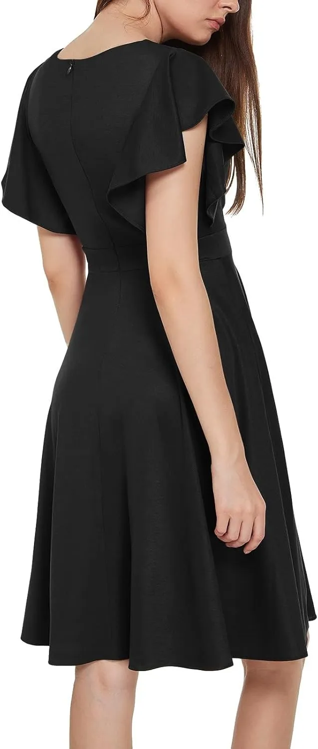 Women's Cocktail Dress Wrap V Neck Ruffle Short Sleeve A Line Work Formal Wedding Guest Midi Dress with Pockets