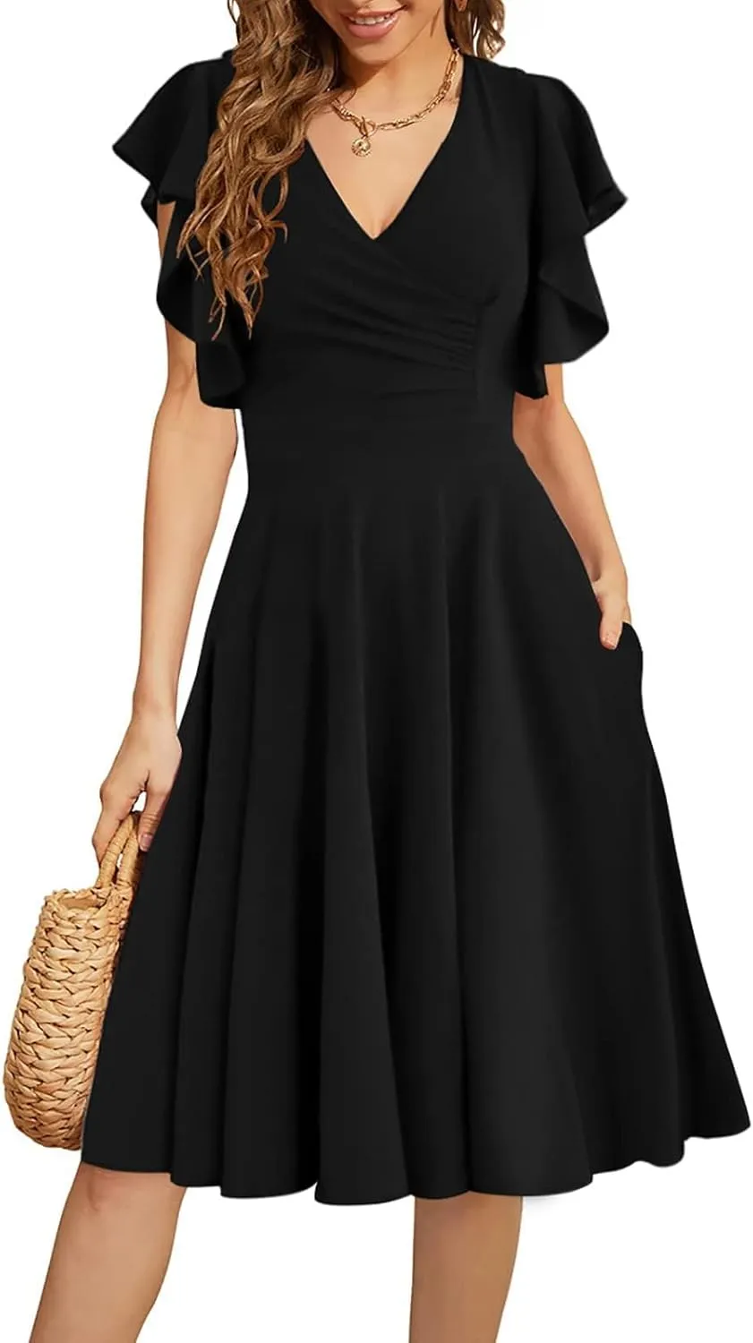 Women's Cocktail Dress Wrap V Neck Ruffle Short Sleeve A Line Work Formal Wedding Guest Midi Dress with Pockets