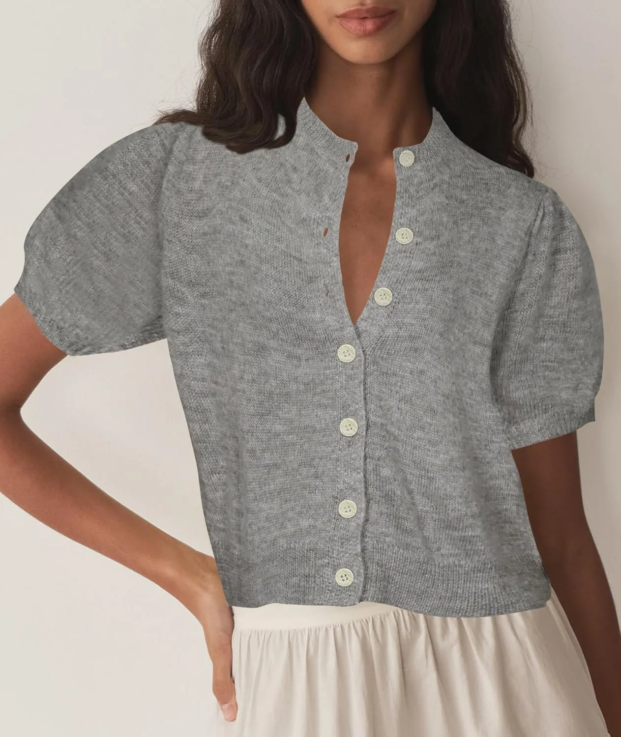 Womens Lightweight Summer Puff Short Sleeve Cardigan Sweaters Button up Y2k Knit Thin Cropped Cardigans