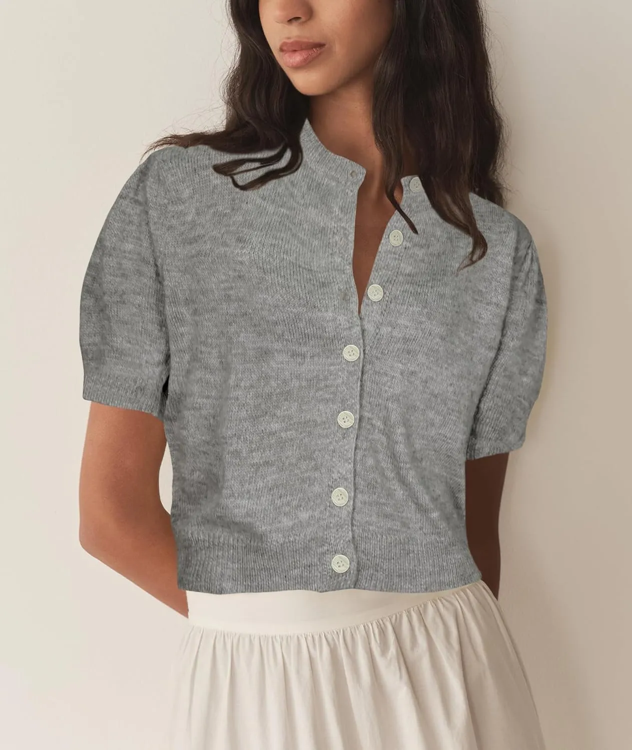 Womens Lightweight Summer Puff Short Sleeve Cardigan Sweaters Button up Y2k Knit Thin Cropped Cardigans