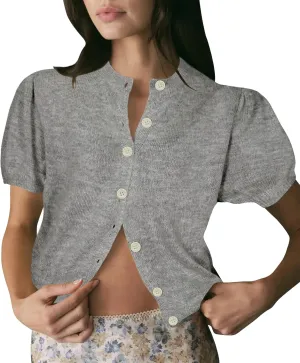 Womens Lightweight Summer Puff Short Sleeve Cardigan Sweaters Button up Y2k Knit Thin Cropped Cardigans