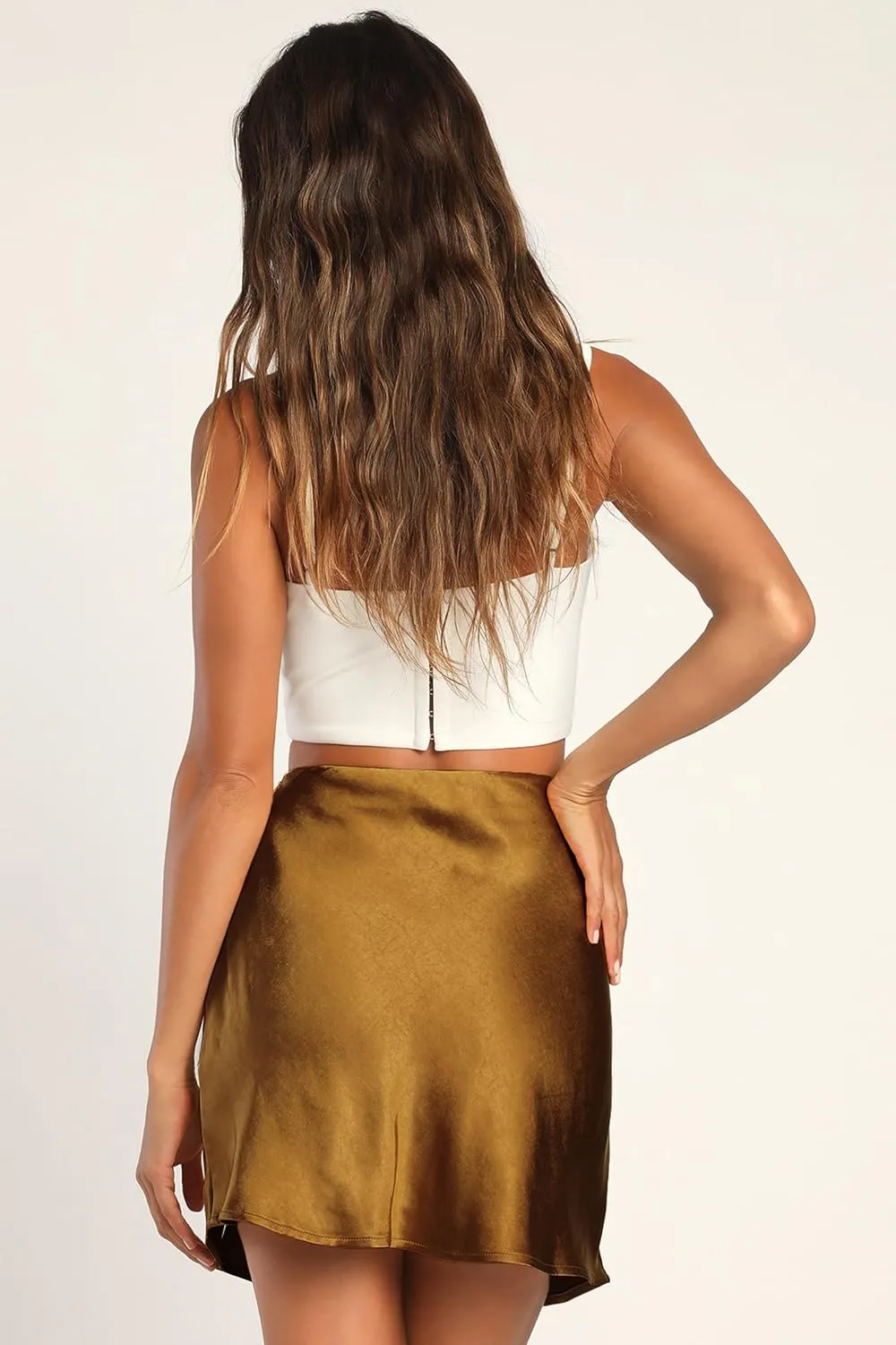 Women's Mini Skirt Satin High Waisted Sexy Slit Front Silk Casual A-Line Elastic Waistband Short Skirts