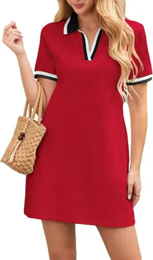 Women's Polo Dress Short Sleeve V Neck 2025 Casual Summer Mini Shirt Dress with Pockets