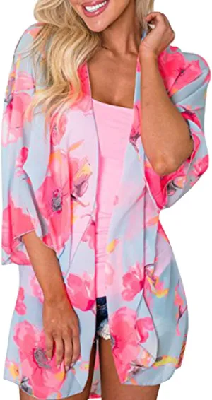 Yonala Womens Floral Kimono Loose Half Sleeve Chiffon Casual Cardigan Cover Up