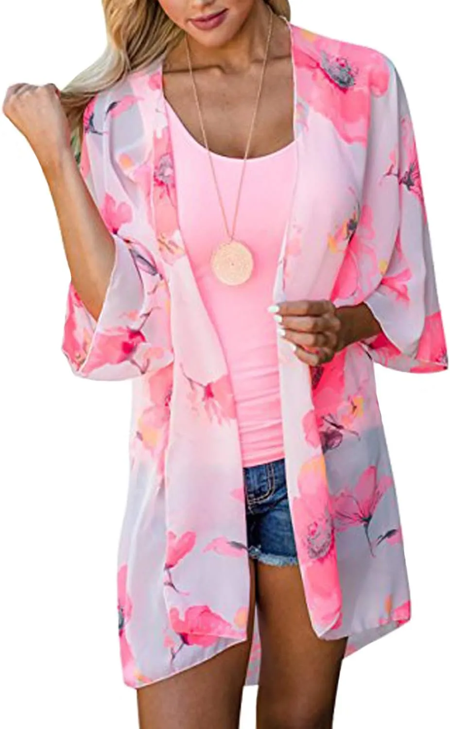 Yonala Womens Floral Kimono Loose Half Sleeve Chiffon Casual Cardigan Cover Up
